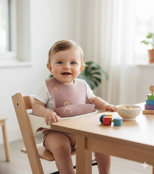 Pink Silicone Baby Bib, Rainbow Food Catcher Pocket, Waterproof