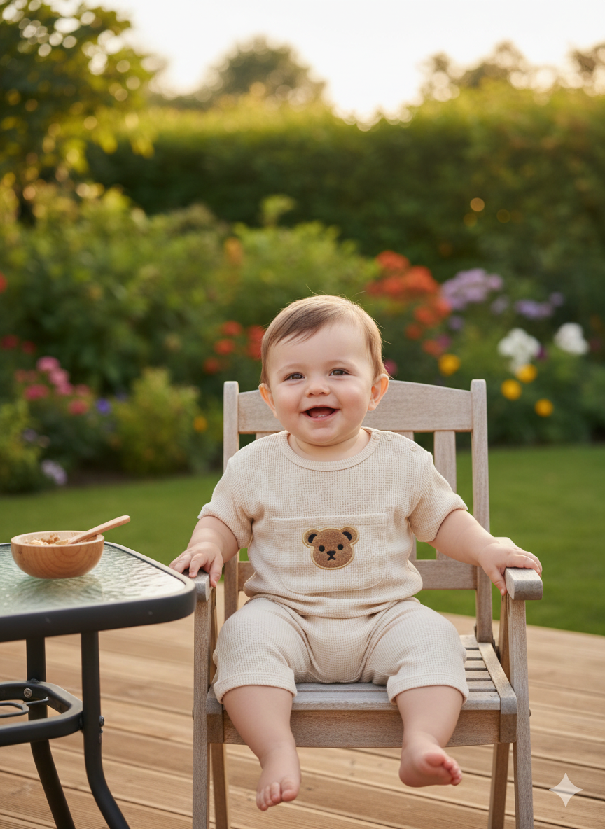 Bear Embroidery Baby Matching Set | Neutral Top and Shorts
