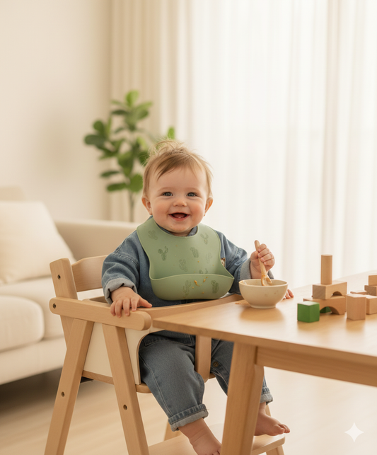 Sage Green Silicone Baby Bib, Waterproof Food Catcher