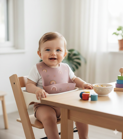Pink Silicone Baby Bib, Rainbow Food Catcher Pocket, Waterproof