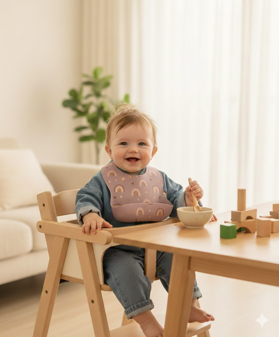 Pink Silicone Baby Bib, Rainbow Food Catcher Pocket, Waterproof
