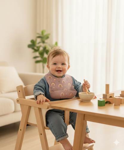 Pink Silicone Baby Bib, Rainbow Food Catcher Pocket, Waterproof