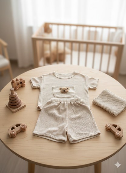Bear Embroidery Baby Matching Set | Neutral Top and Shorts