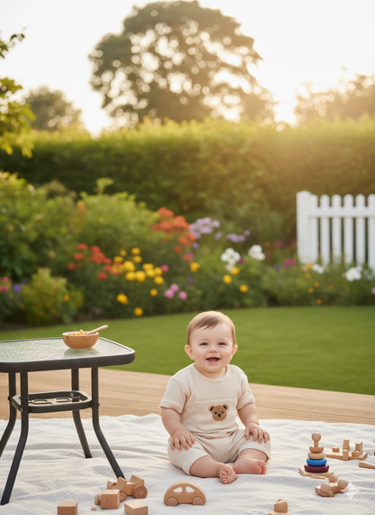 Bear Embroidery Baby Matching Set | Neutral Top and Shorts