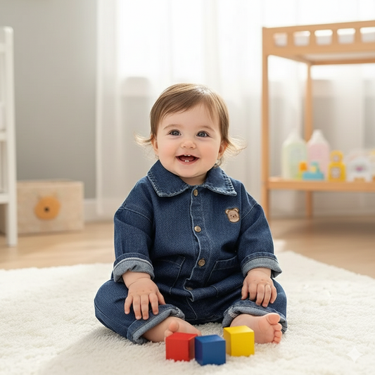 Indigo Denim Baby Romper | Bear Embroidery Dark Wash