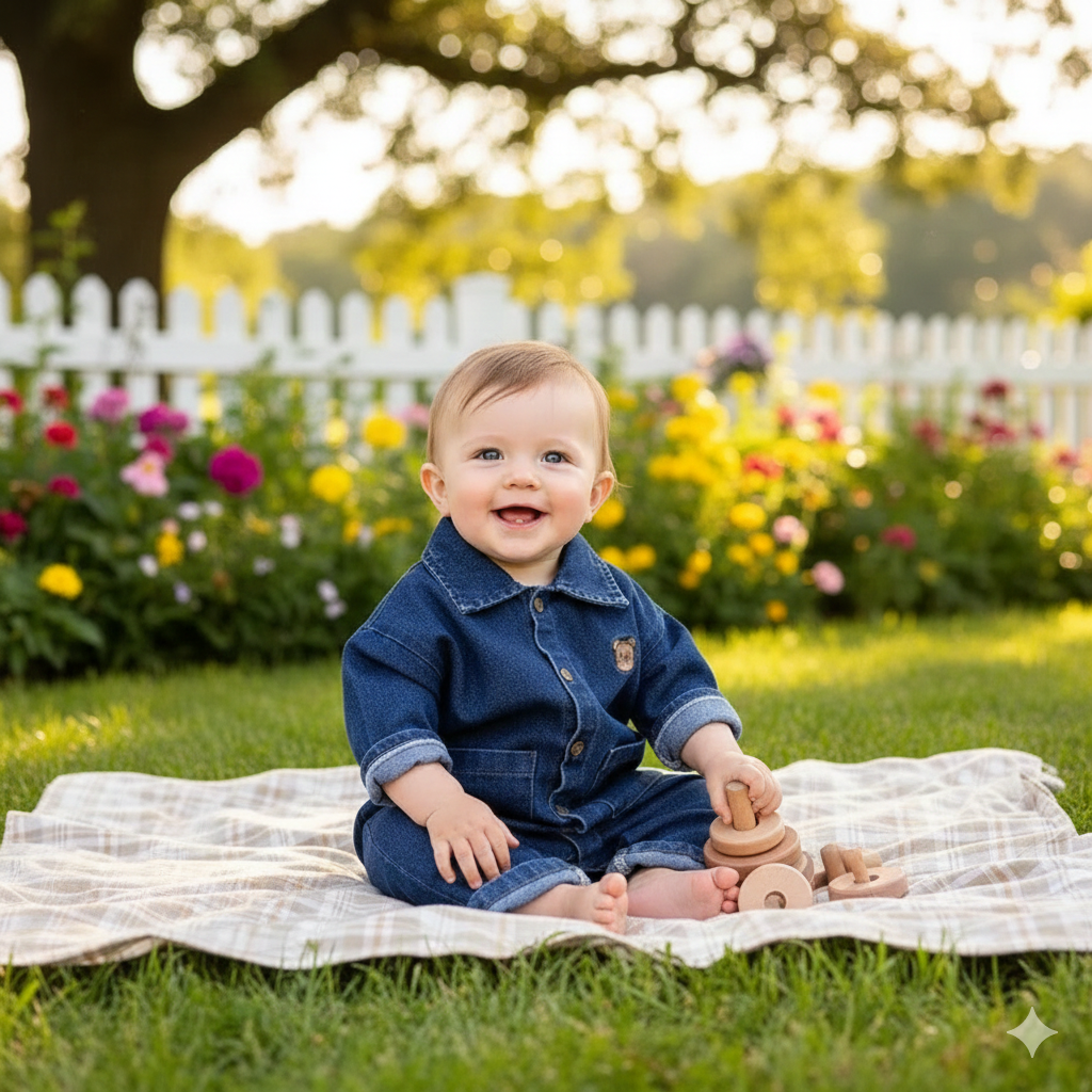 Indigo Denim Baby Romper | Bear Embroidery Dark Wash