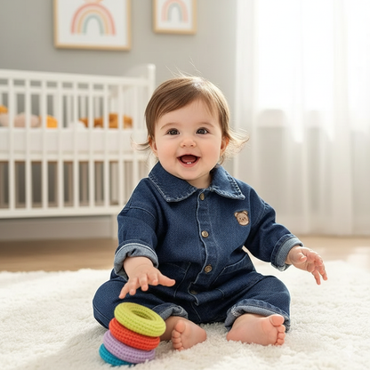 Indigo Denim Baby Romper | Bear Embroidery Dark Wash