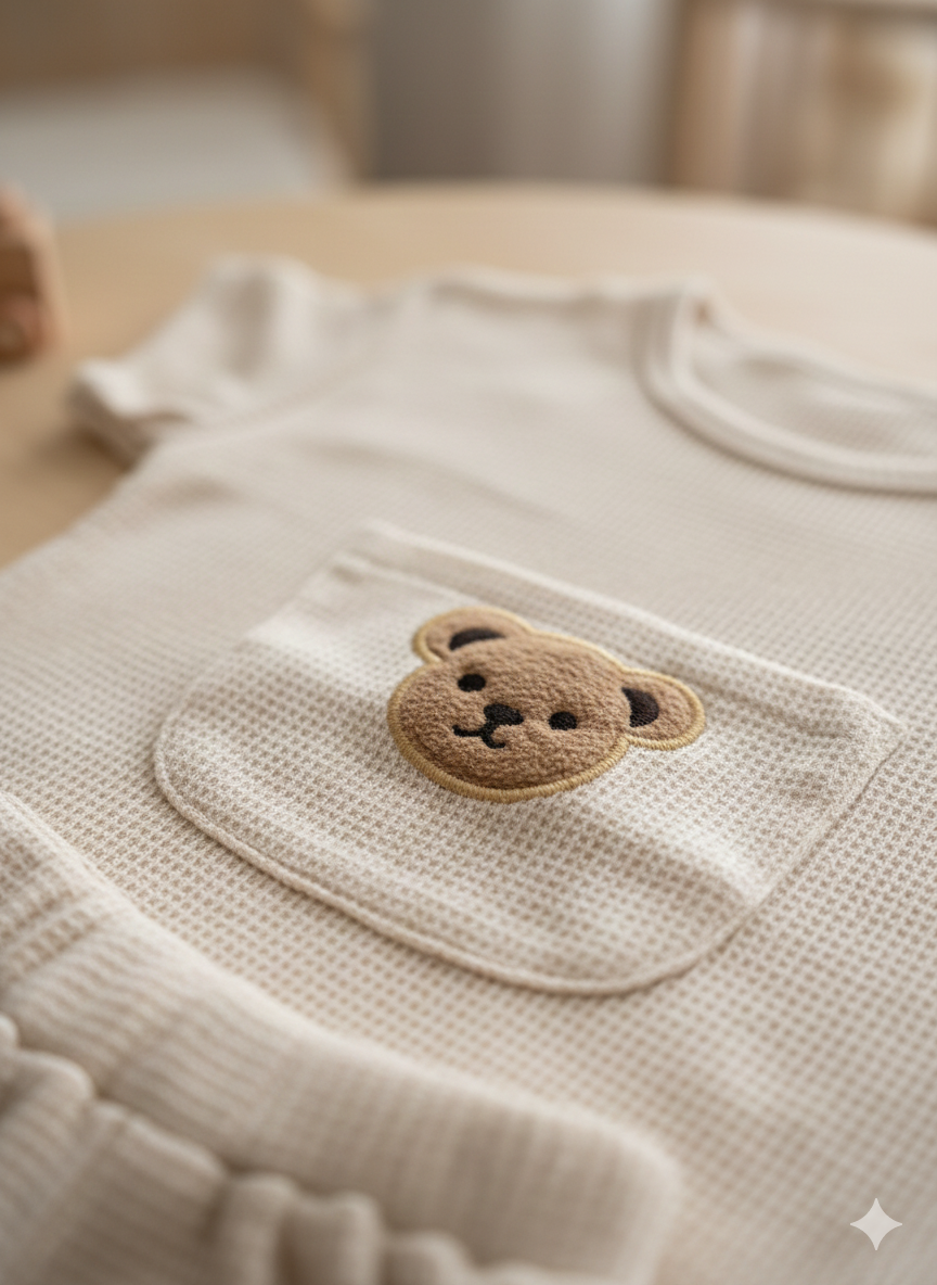 Bear Embroidery Baby Matching Set | Neutral Top and Shorts