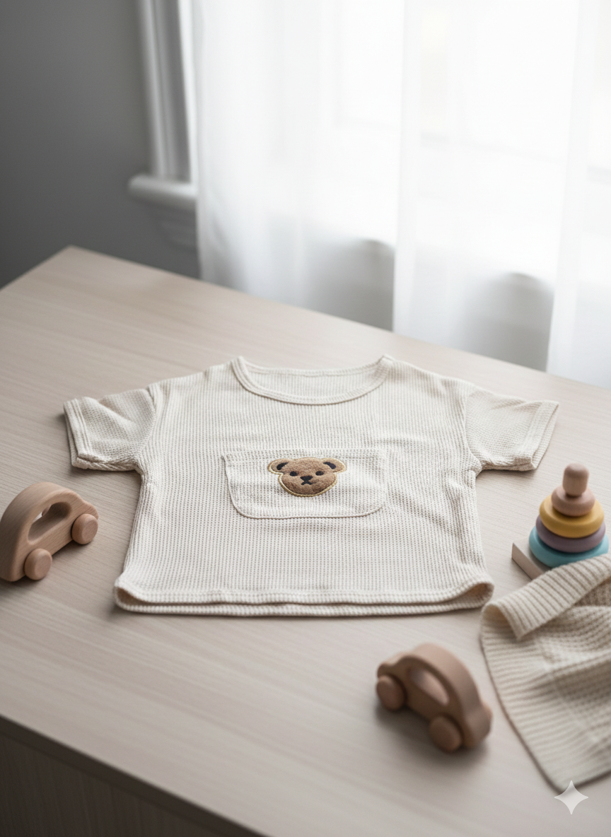 Bear Embroidery Baby Matching Set | Neutral Top and Shorts