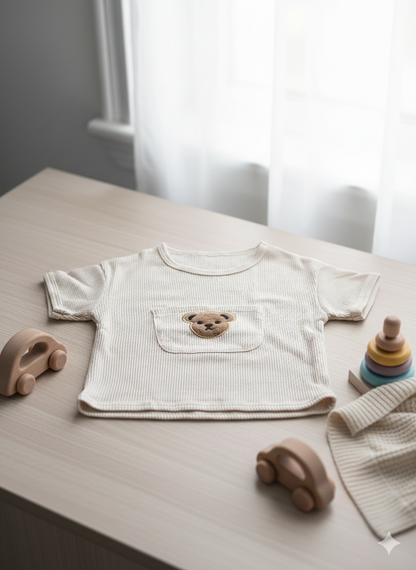 Bear Embroidery Baby Matching Set | Neutral Top and Shorts